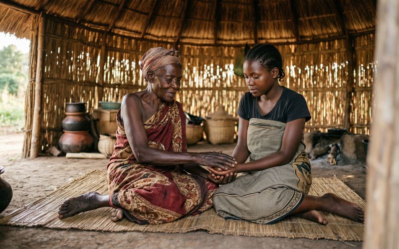 Elderly East African woman and young girl seated together in a traditional hut, representing the intergenerational transmission of cultural knowledge