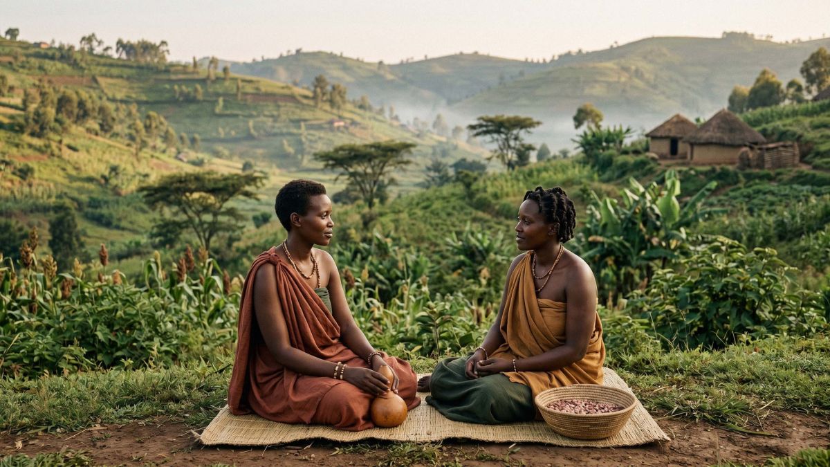 Traditional Rwandan women in ceremonial dress representing pre-colonial cultural practices and ancestral identity