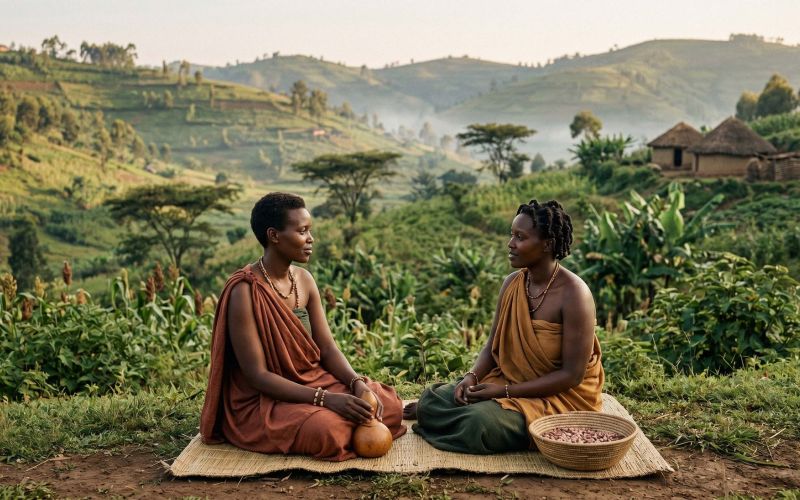 Traditional Rwandan women in ceremonial dress representing pre-colonial cultural practices and ancestral identity