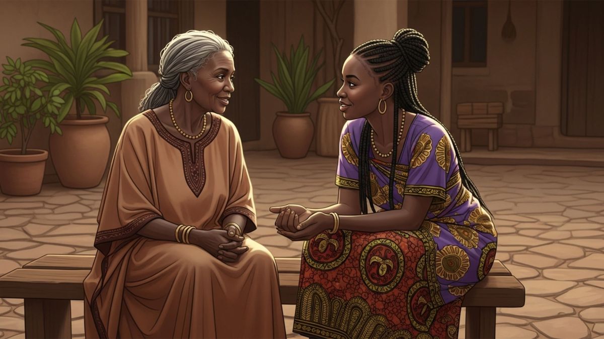 Older and younger African women sitting together and talking, symbolizing the passing on of labia elongation traditions.