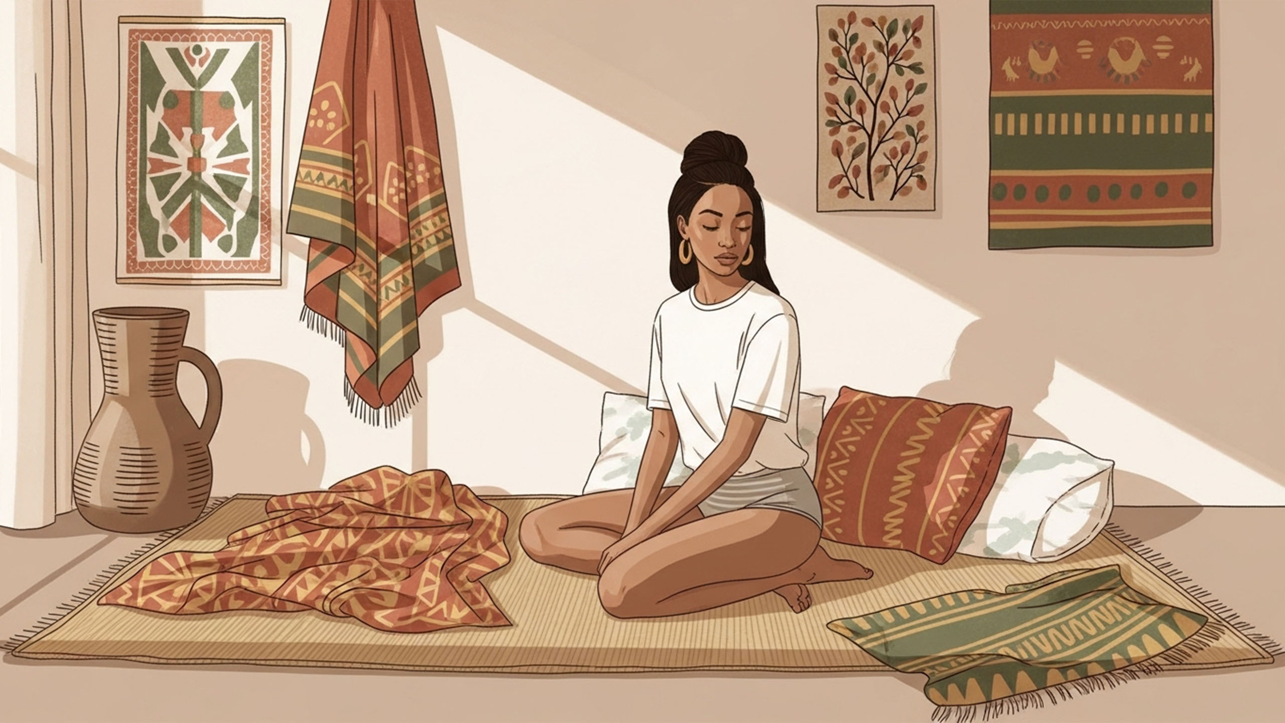 Woman relaxing in a calm bedroom with African-inspired textiles, preparing for a meditative labia stretching ritual