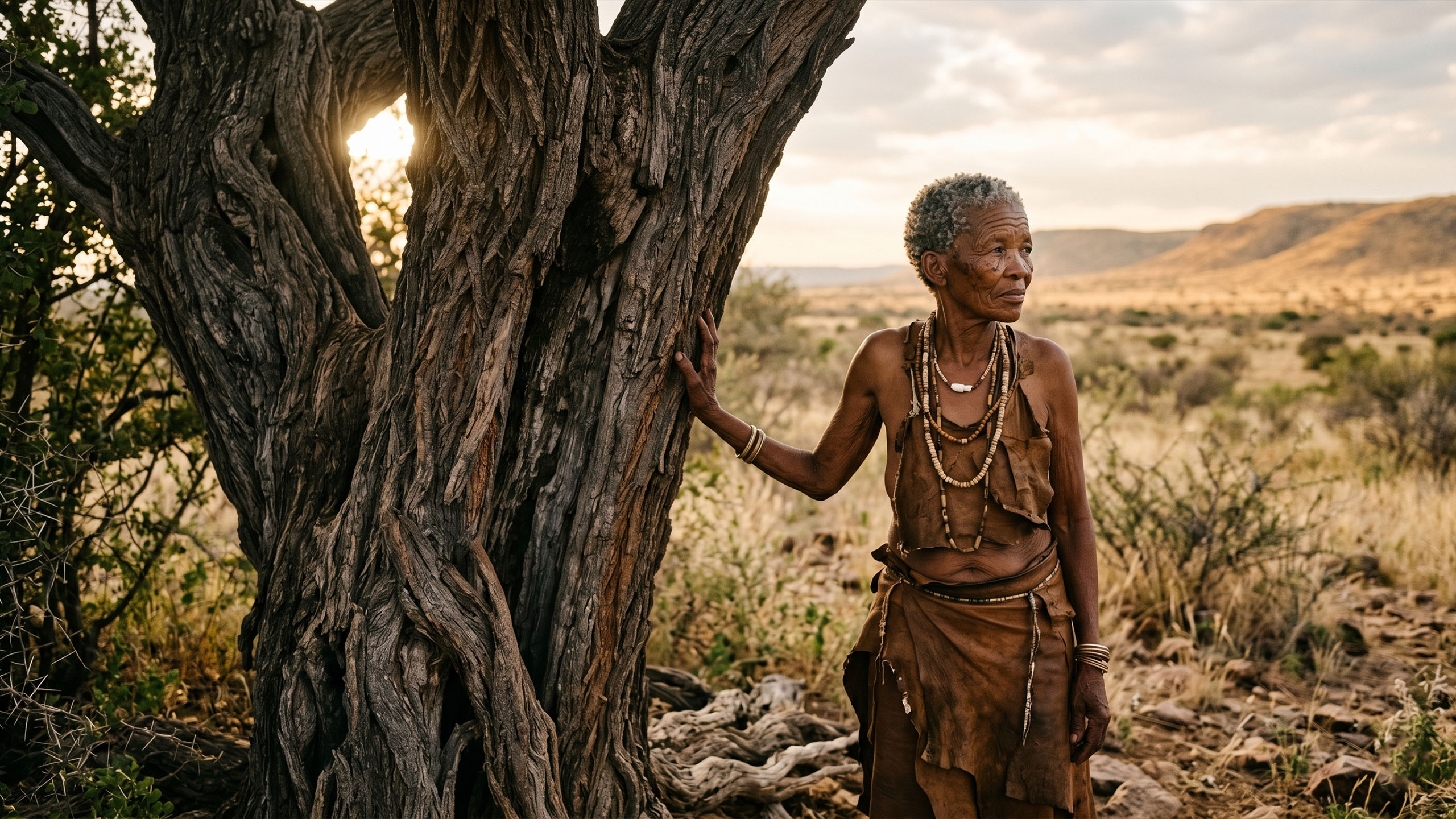 Elder Khoisan woman with grey hair and deeply expressive eyes standing beside a sacred tree looking at a distance — representing who will pass on intergenerational transmission of labia stretching traditions in sub-Saharan Africa