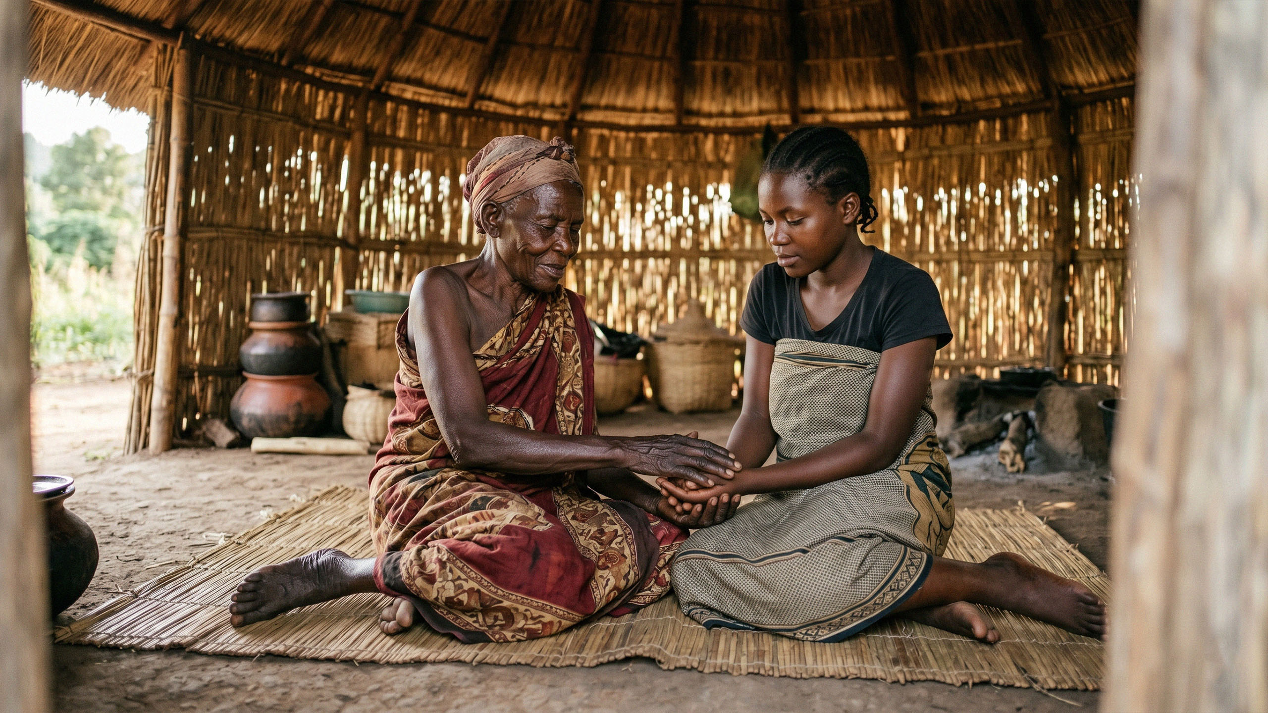 Elderly East African woman and young girl seated together in a traditional hut, representing the intergenerational transmission of cultural knowledge